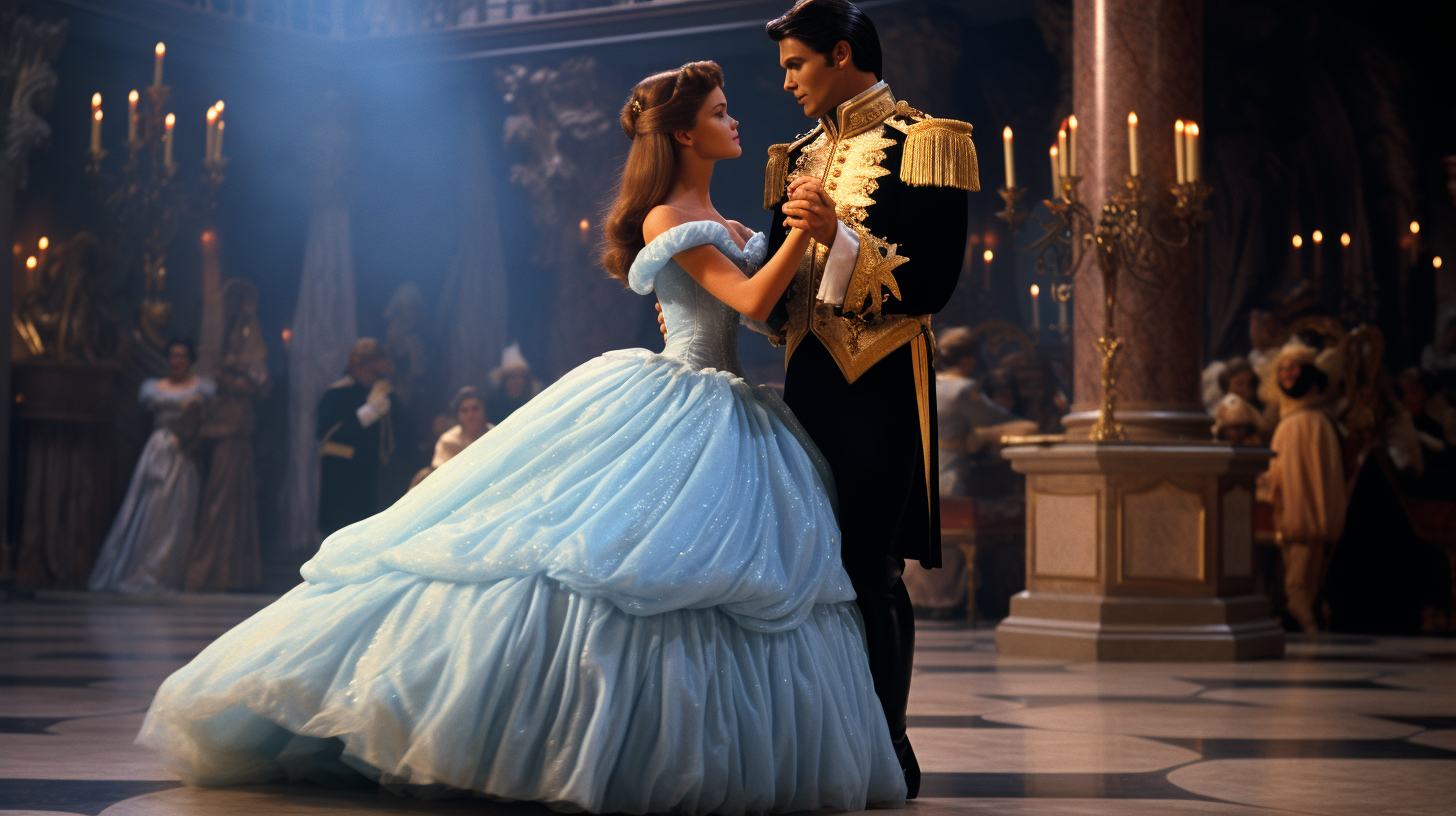 Elegant Cinderella waltzing with a prince