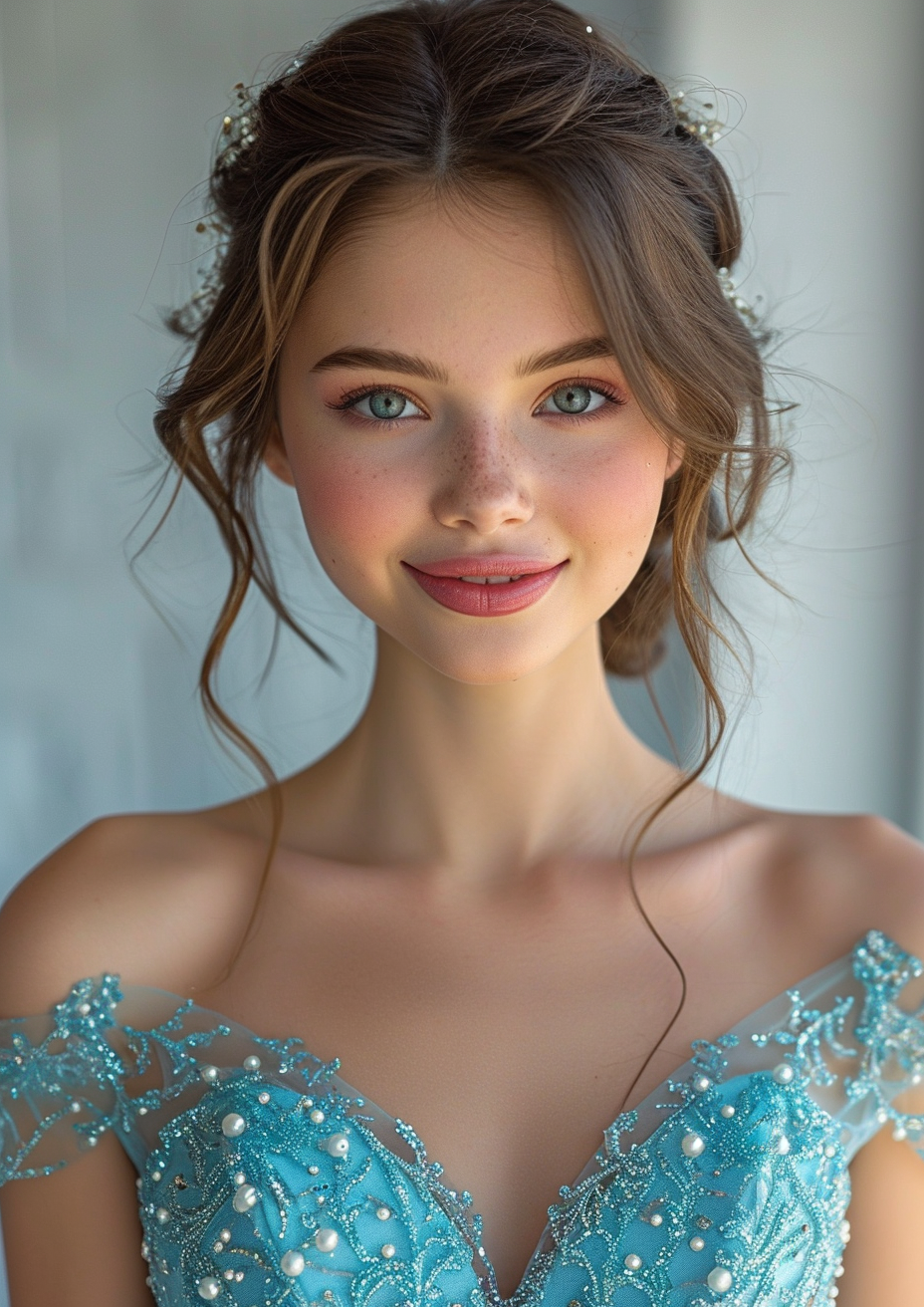 Teenage girl in elegant blue dress with short sleeves and pearls