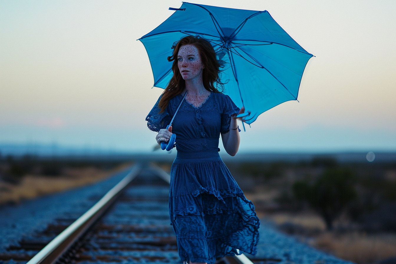 Woman with Blue Umbrella Walking on Railroad