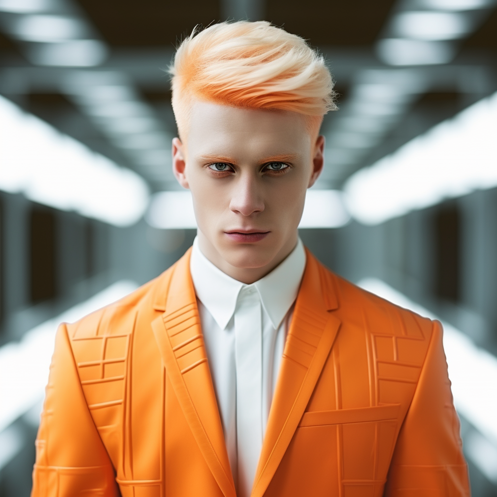 Blue-eyed Albino Caucasian Man in Orange Suite