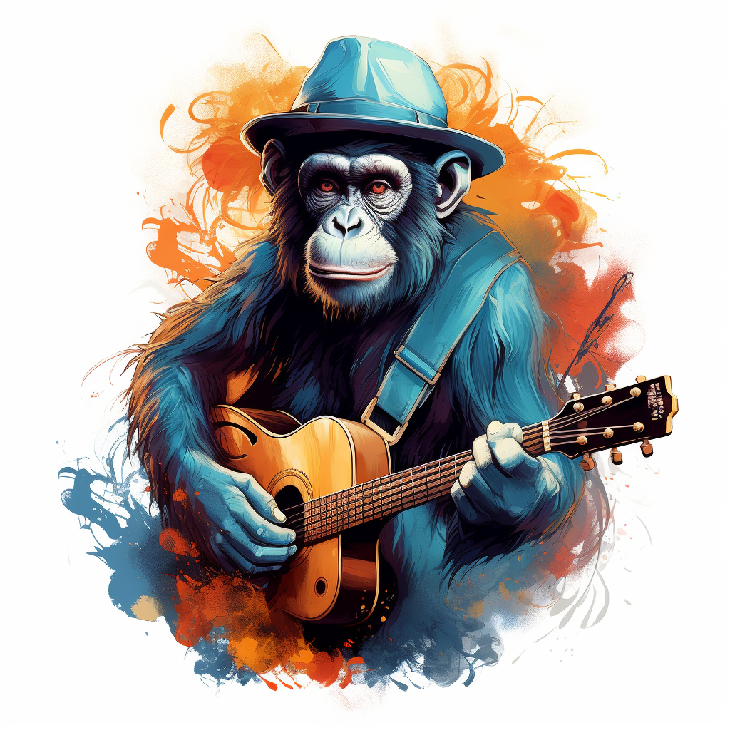 Monkey with blue piercing eyes playing guitar