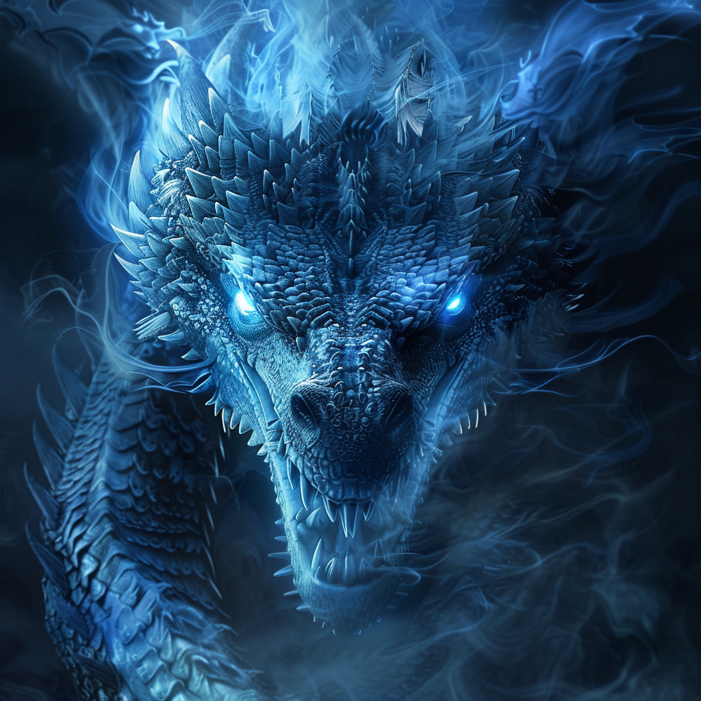 Fiery dragon face in blue