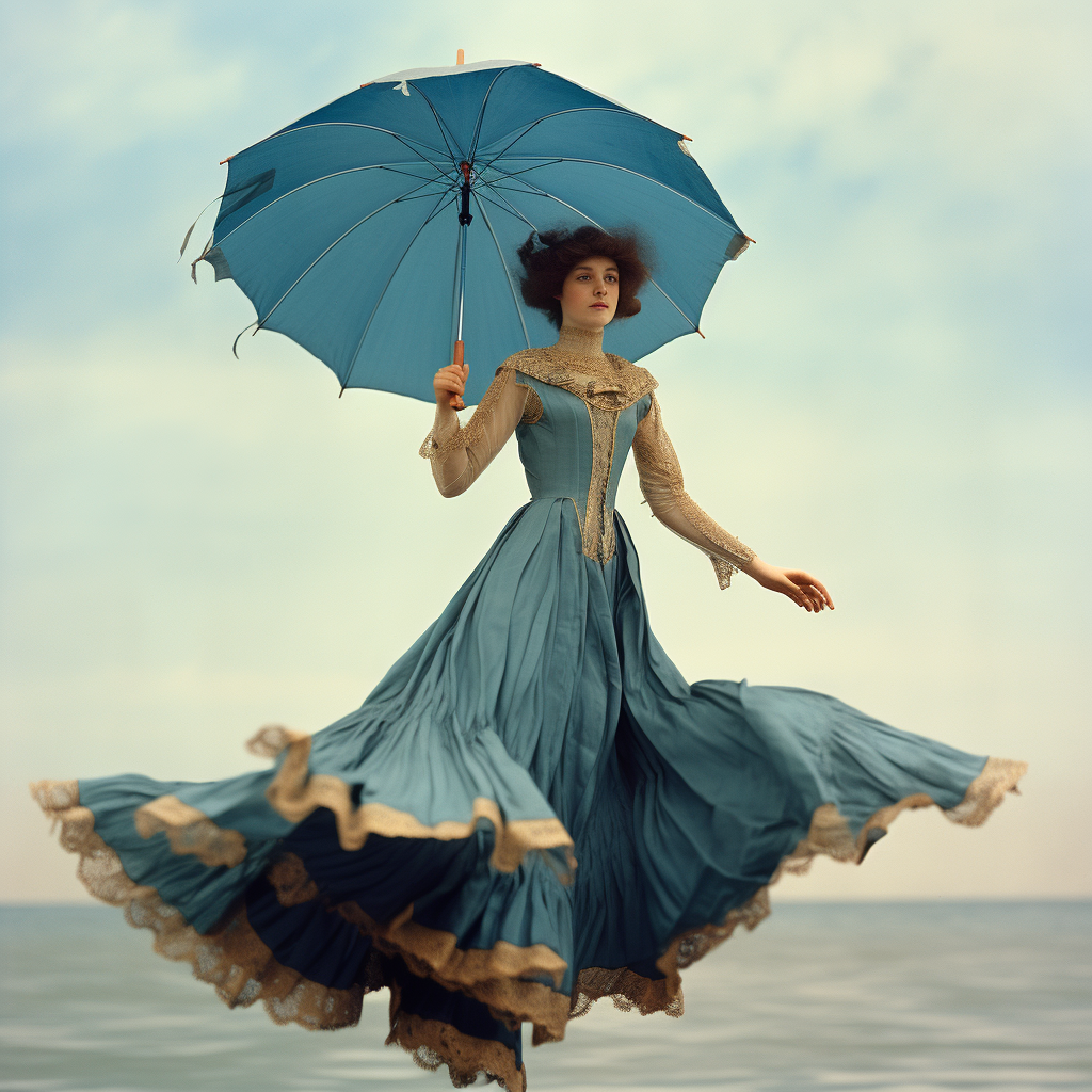 Vintage blue parasol floating in air