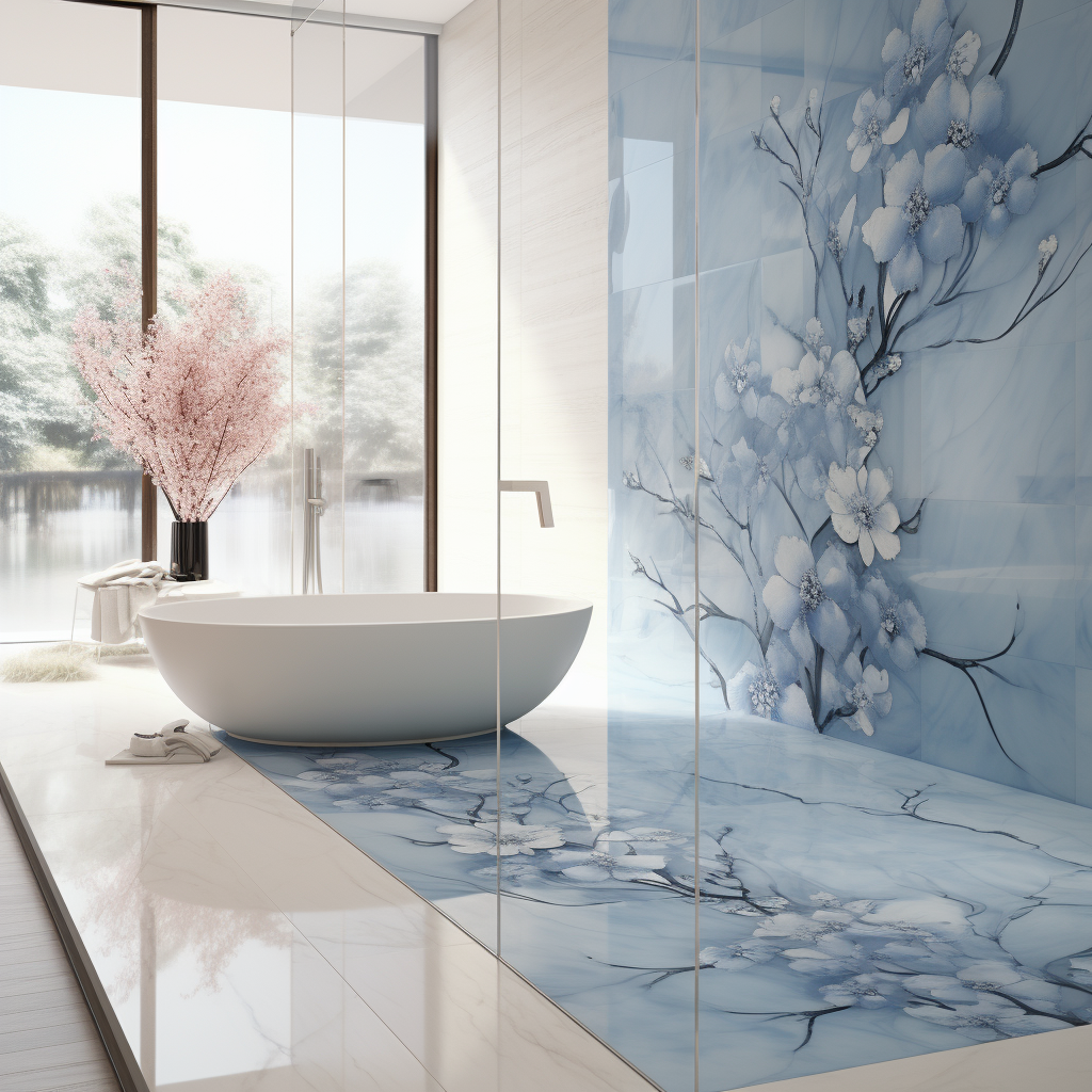 Durable porcelain slab with blue flower design