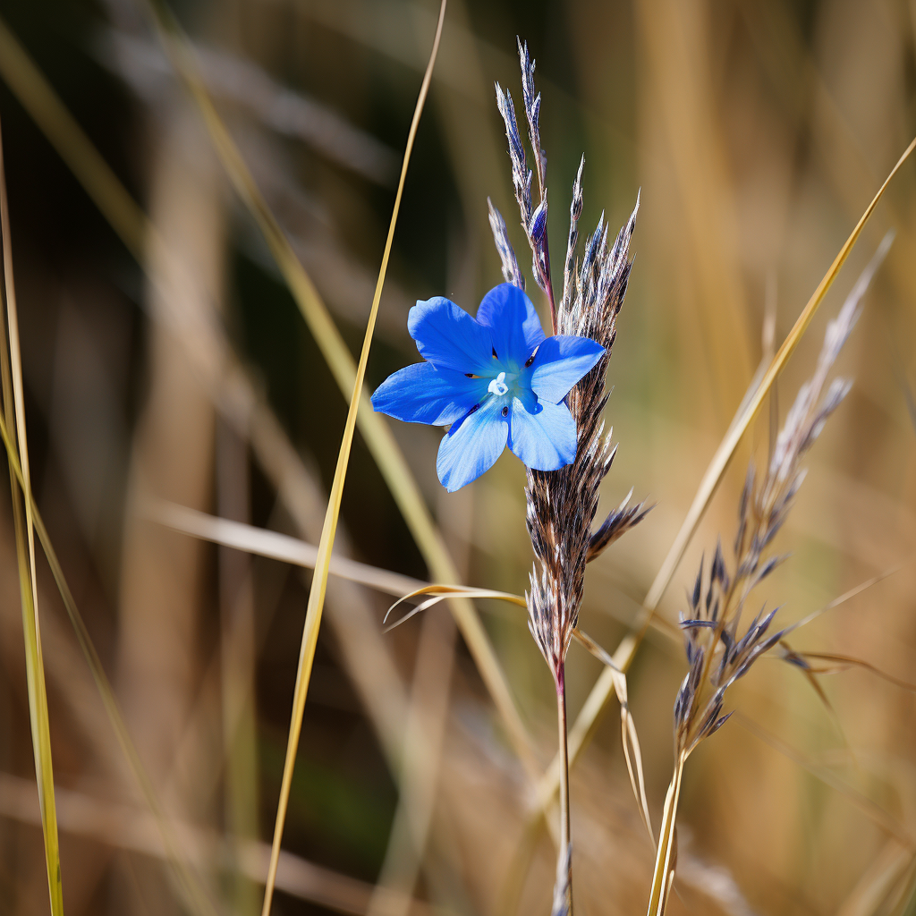 Vibrant blue flower amidst wild wheat