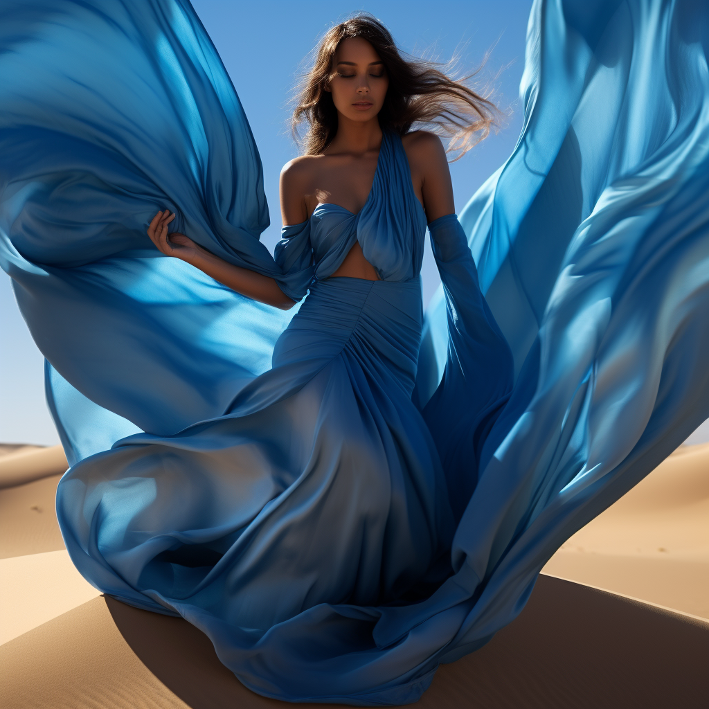 Female model in blue flowing clothes in the Sahara