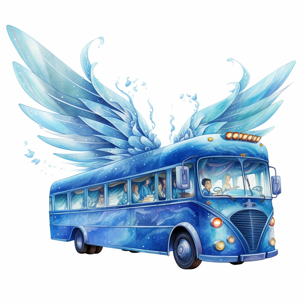 Whimsical blue flying bus illustration