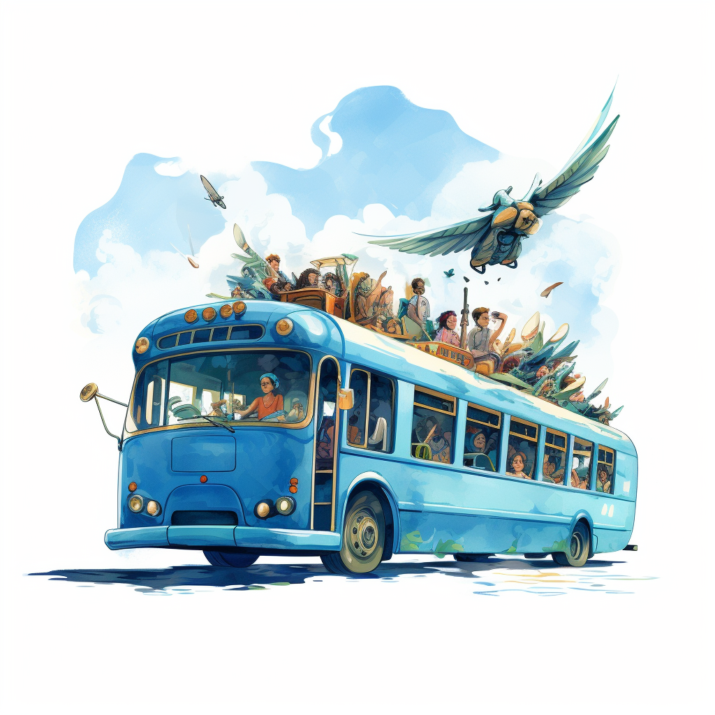 blue flying bus with children