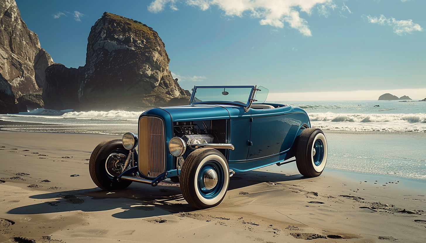 Blue Ford Highboy Roadster Beach