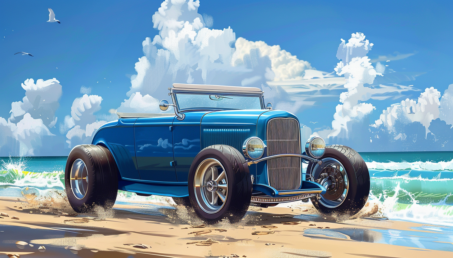 Blue Ford Roadster on Beach