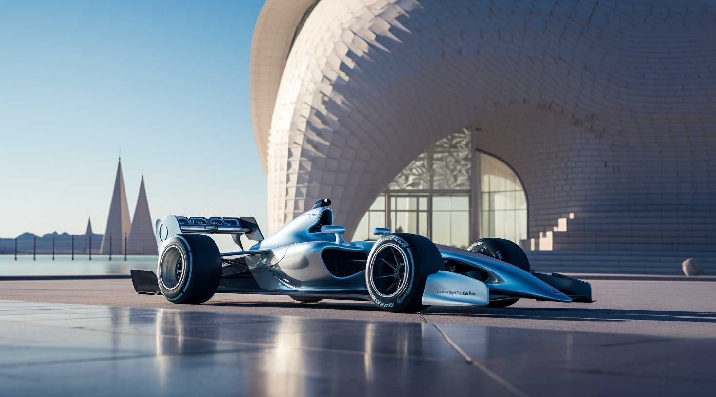 Blue Formula One Racing Car in Front of White Marble Building