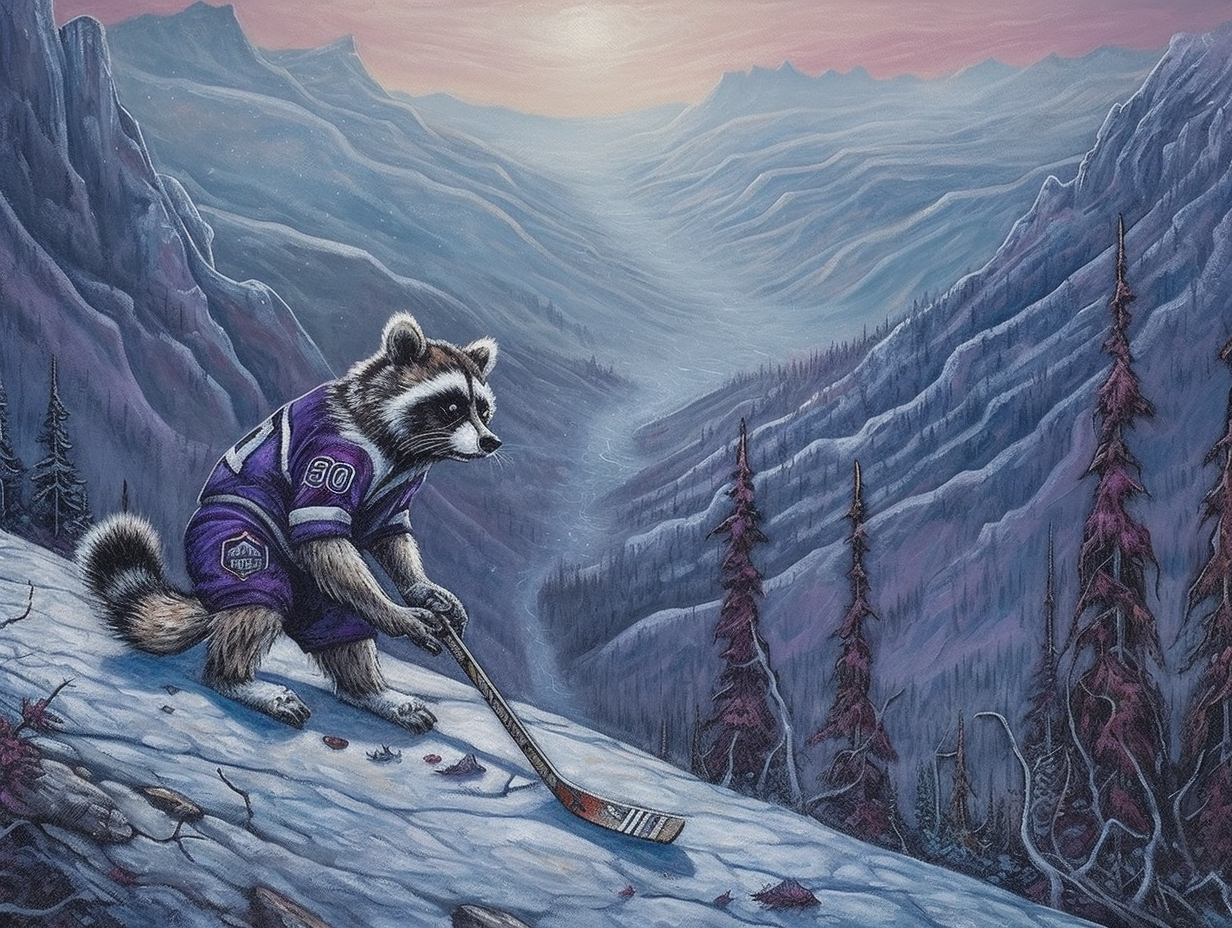 Expressive Branko Marjanovic-inspired blue-furred raccoon planting hockey