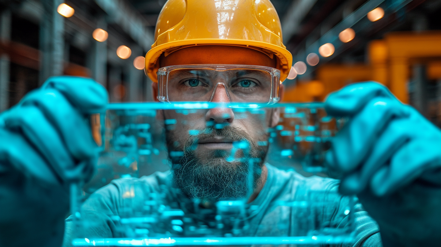 Blue glass pane with worker and safety equipments