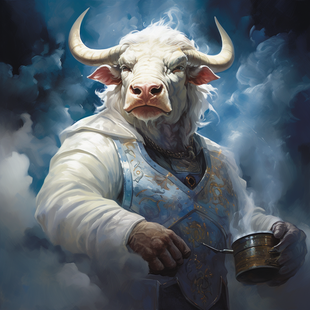 Blue glowing minotaur chef with cosmic spice pouches