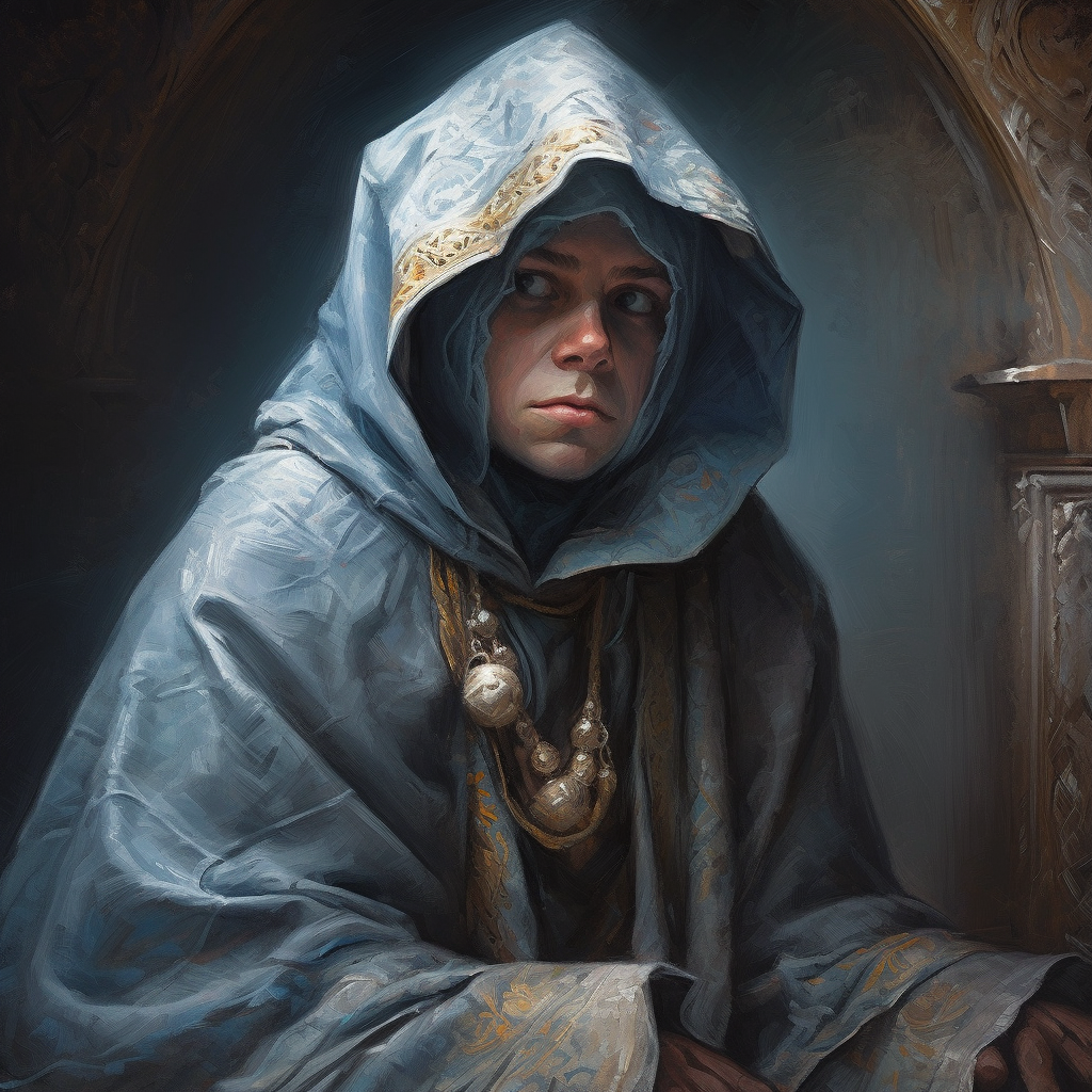 Young blue gnome with medieval traveling robes and cloak