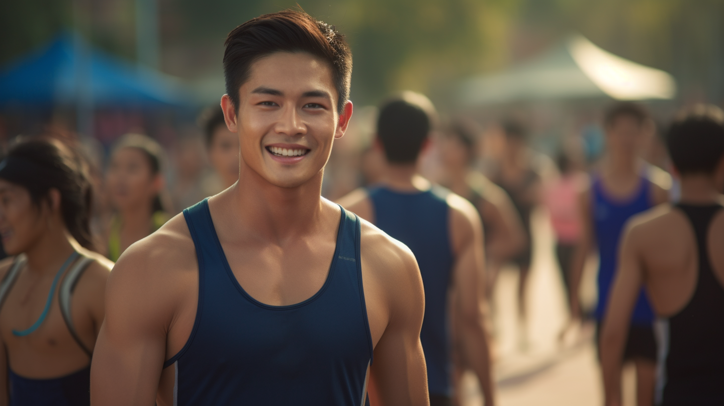 Contestants wearing blue and gold tank tops