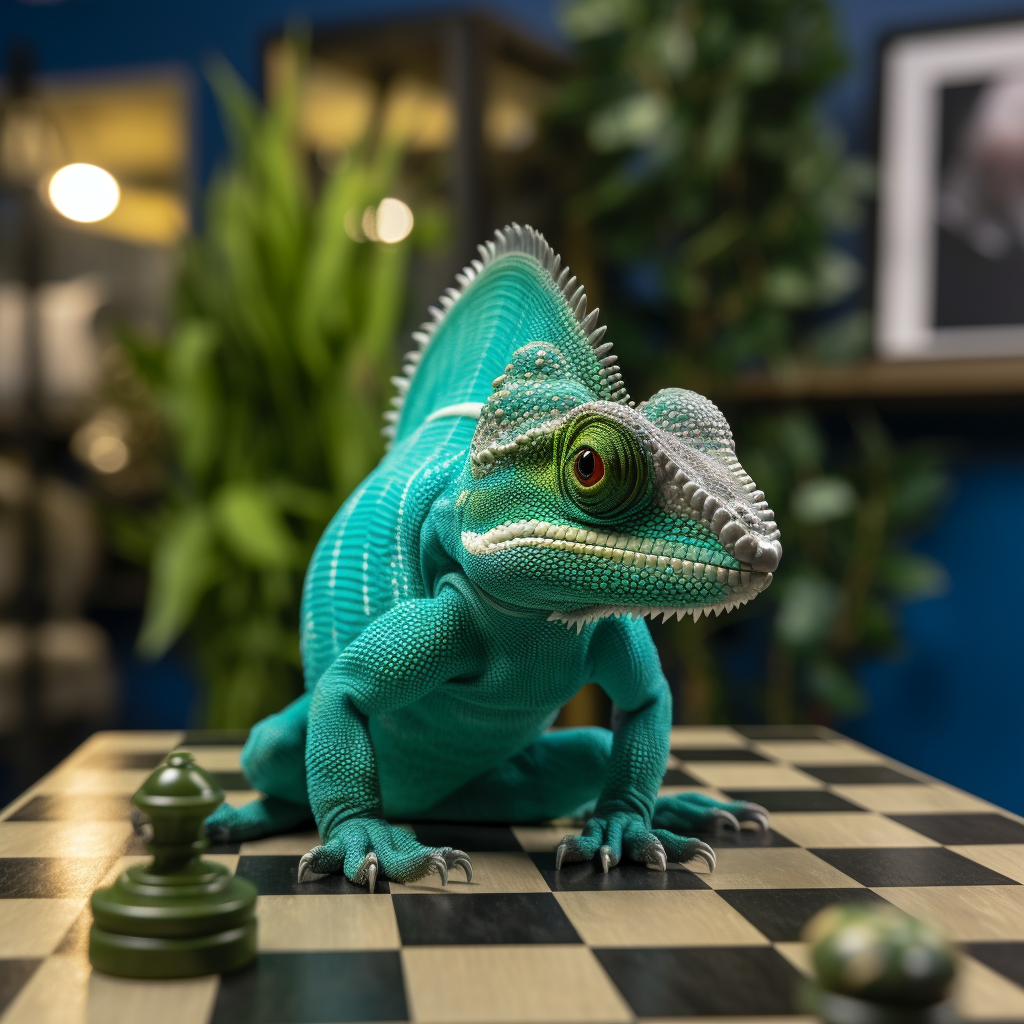 Blue Green Chameleon on Chess Board