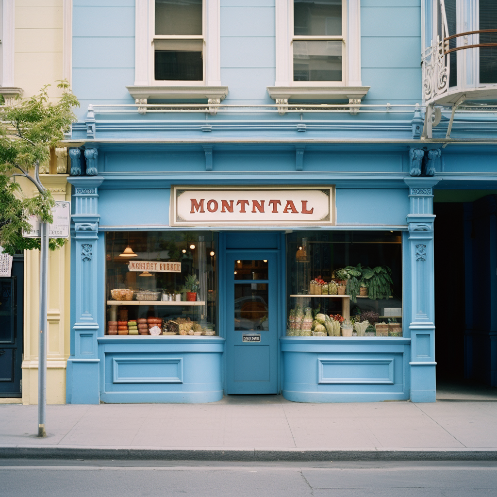 Small blue grocery store inside converted Montana restaurant