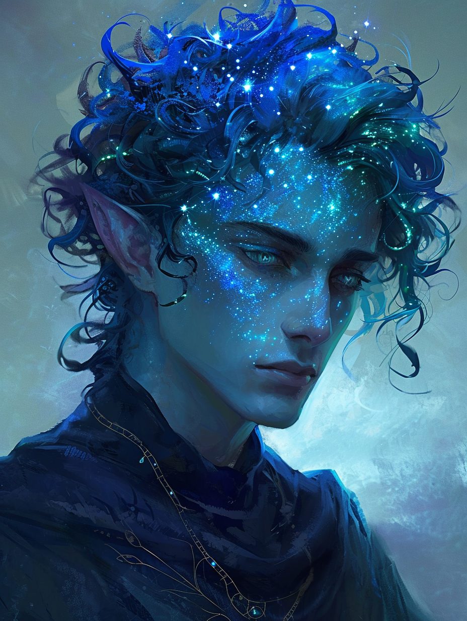 Blue-haired man with star pattern