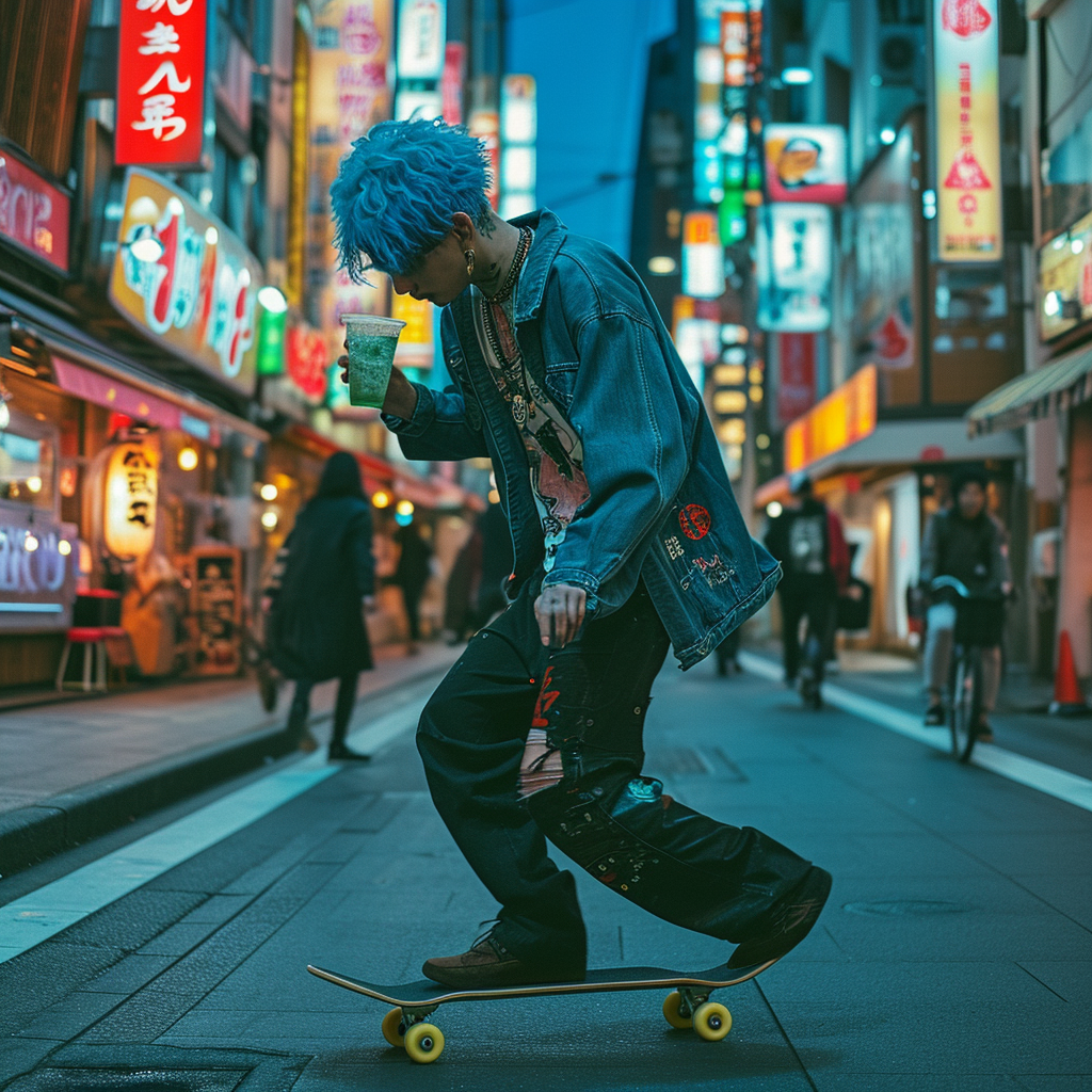 Blue Haired Man Skateboarding Japanese Street