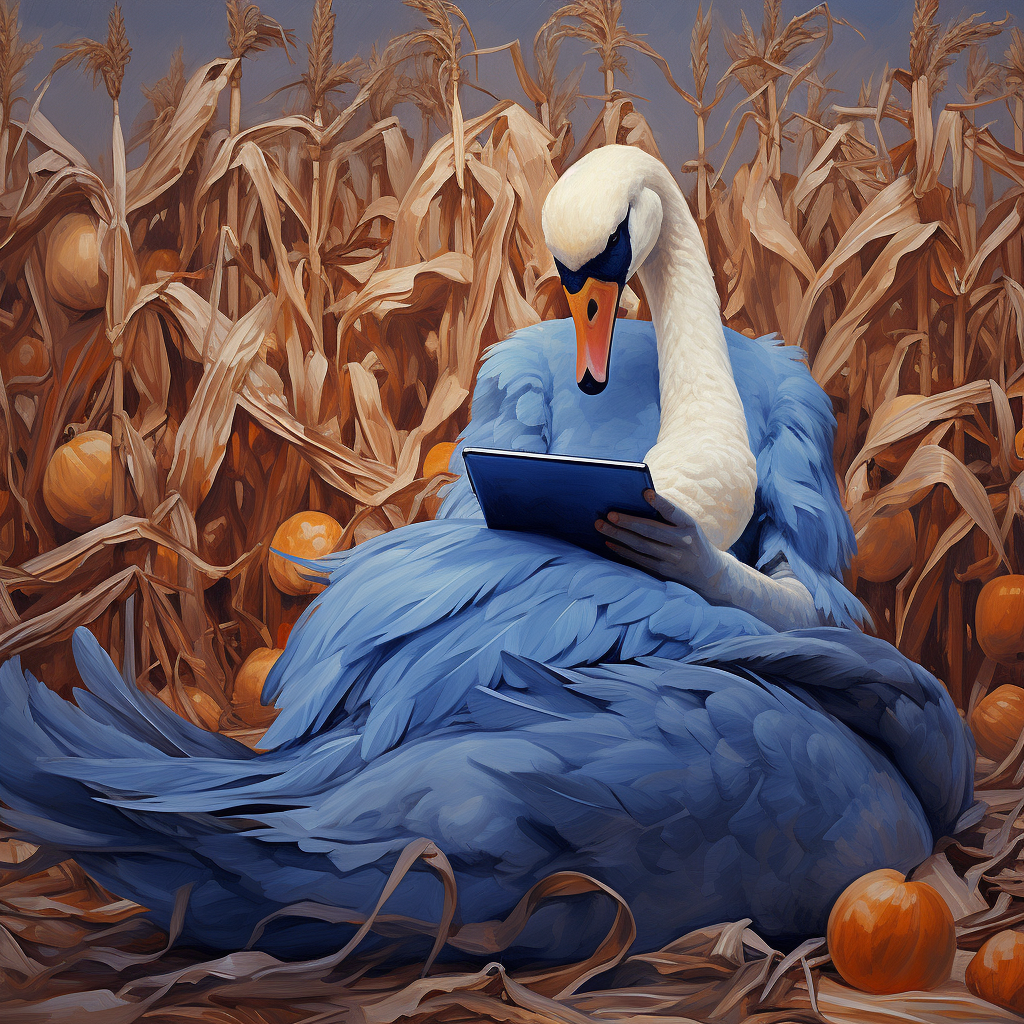 Hairy swan reading on tarpaulin