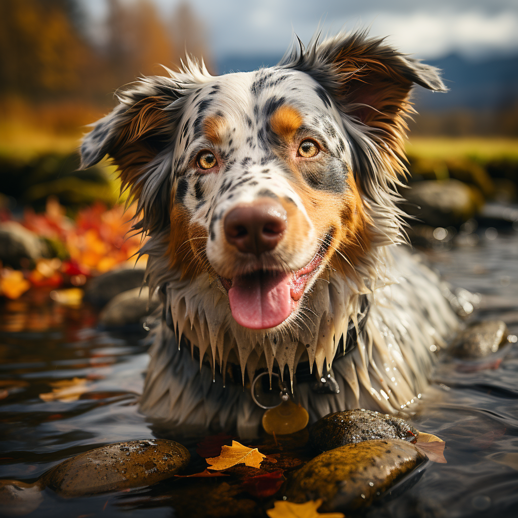 Blue Heeler Dog playing in stream with trout fishing