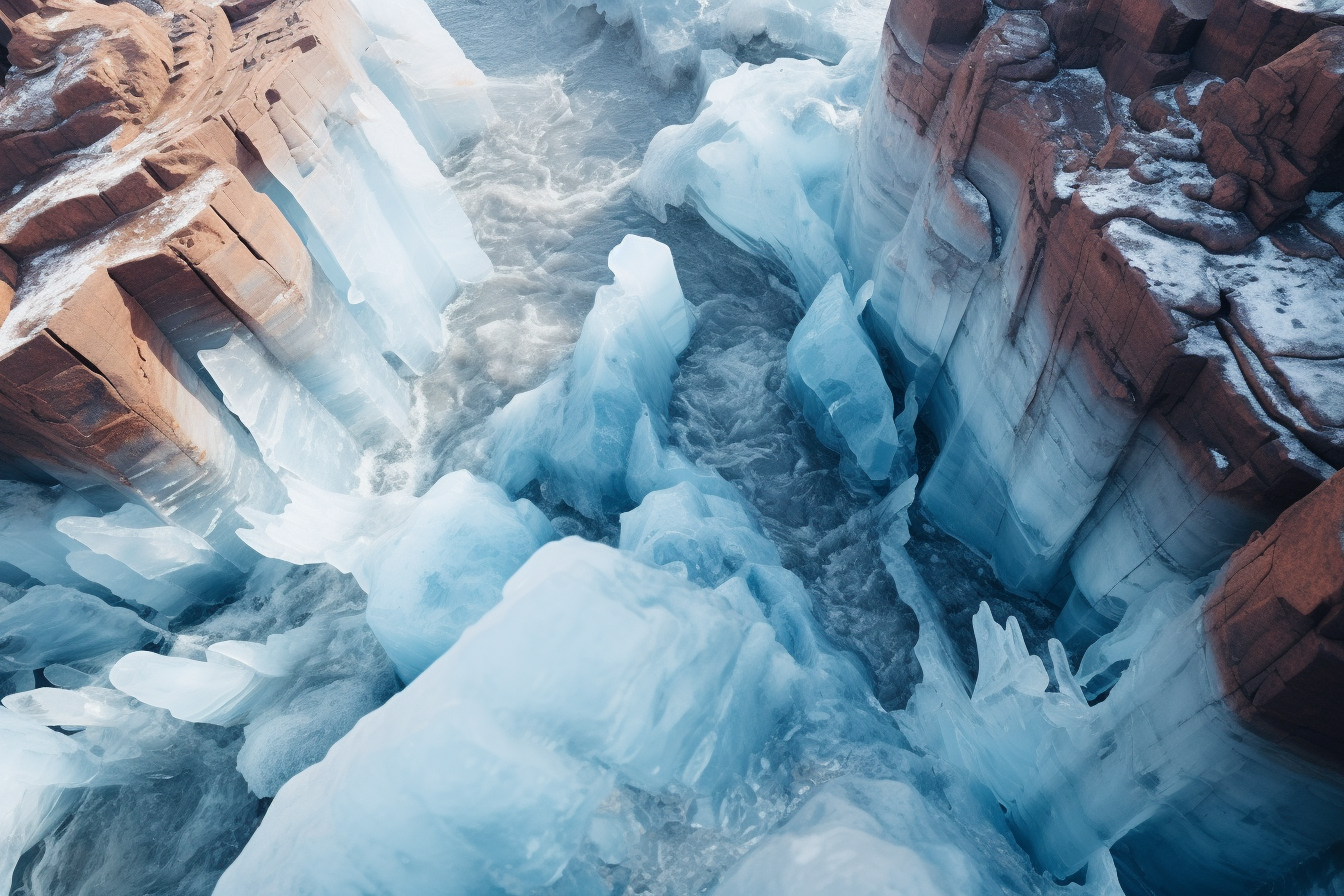 A block of blue ice in a red rocks desert