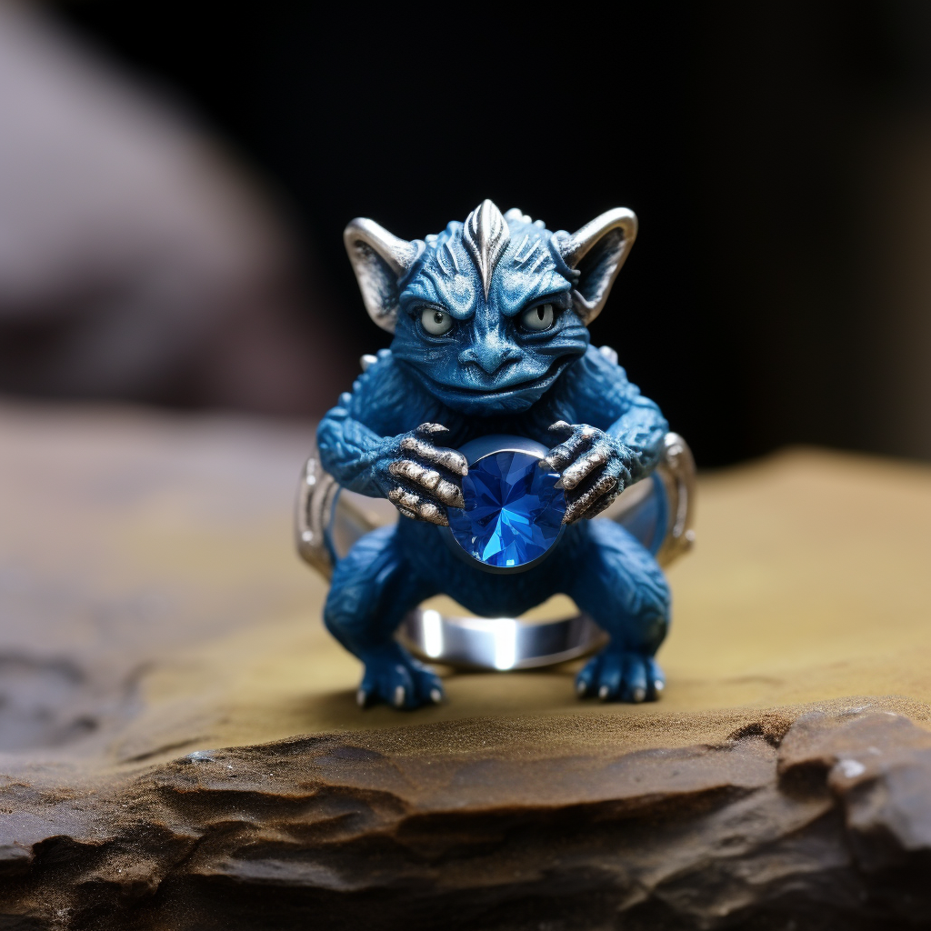 Blue imp holding plain rock ring