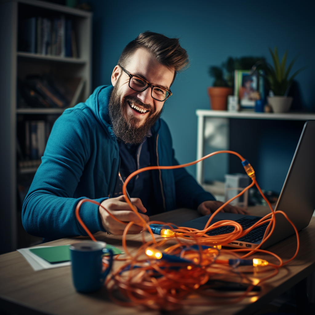 Smiling man in blue jacket working on computer