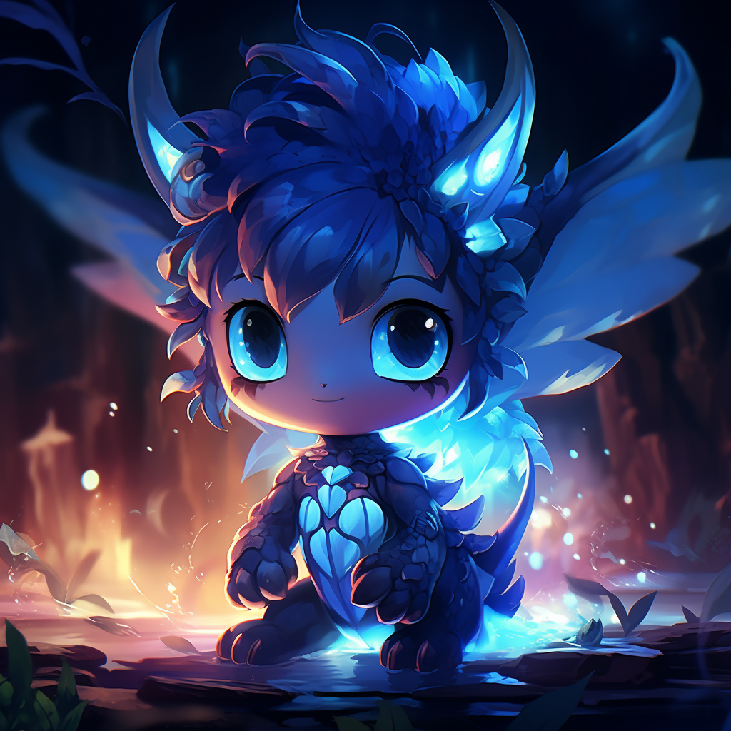 Cute blue Japanese dragon in 2D anime style