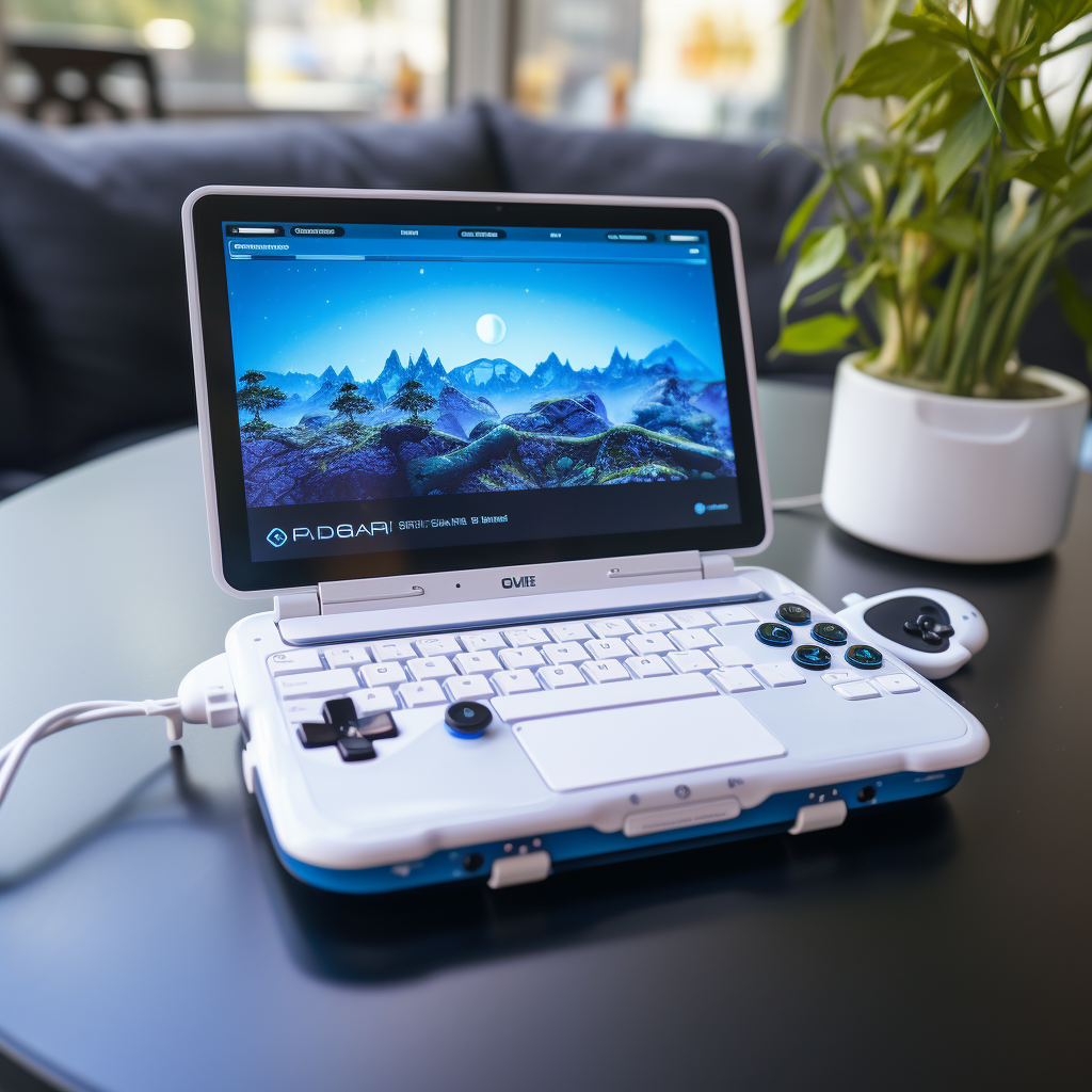 Gaming devices on a blue laptop table