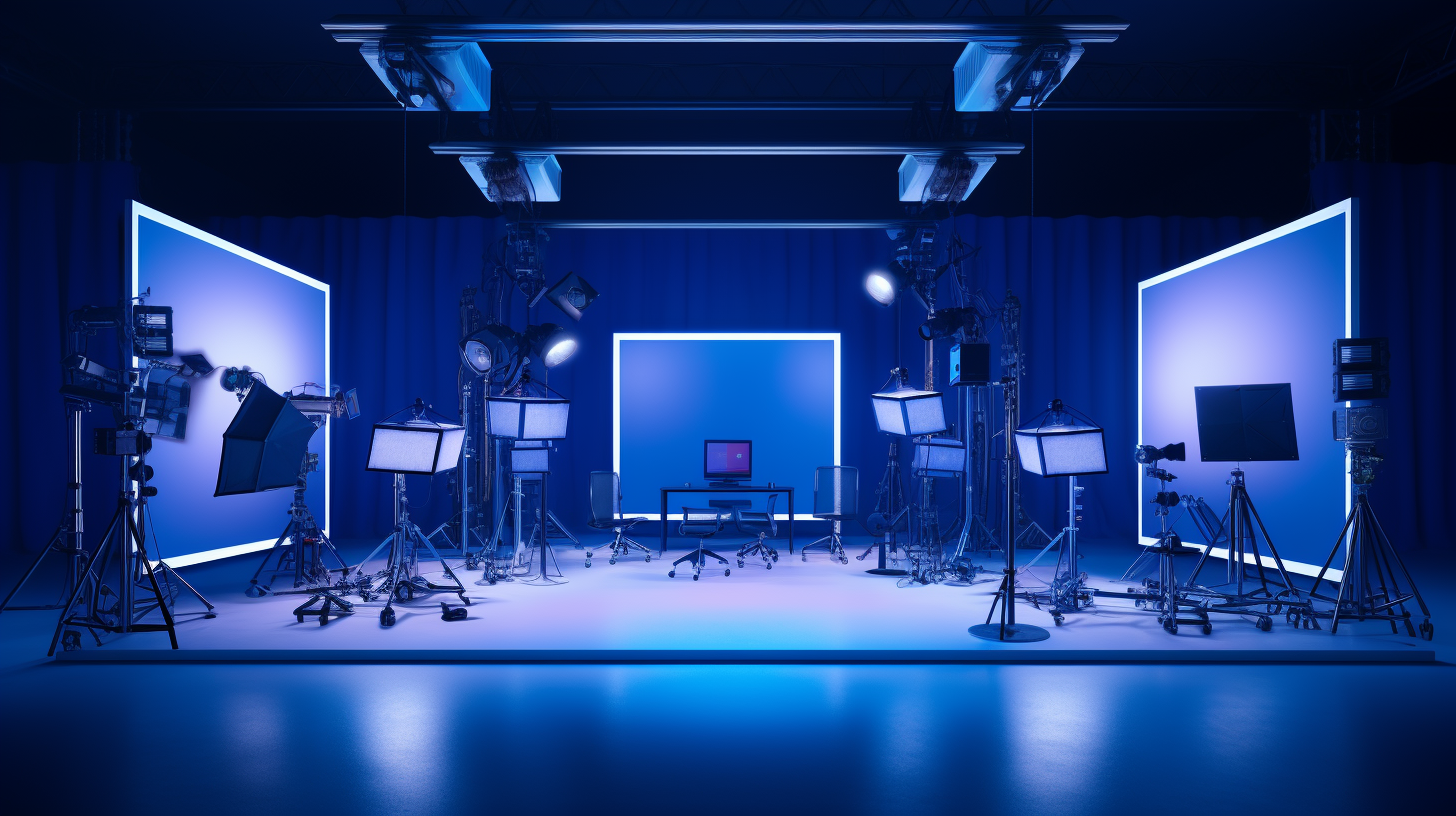 Professional photo studio with blue lights and camera lens