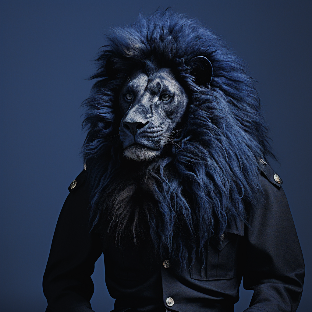 Blue lion wearing Christian Dior clothes