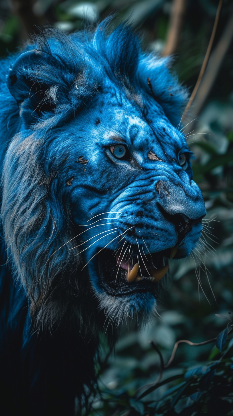 Blue Lion in Rainforest Growling