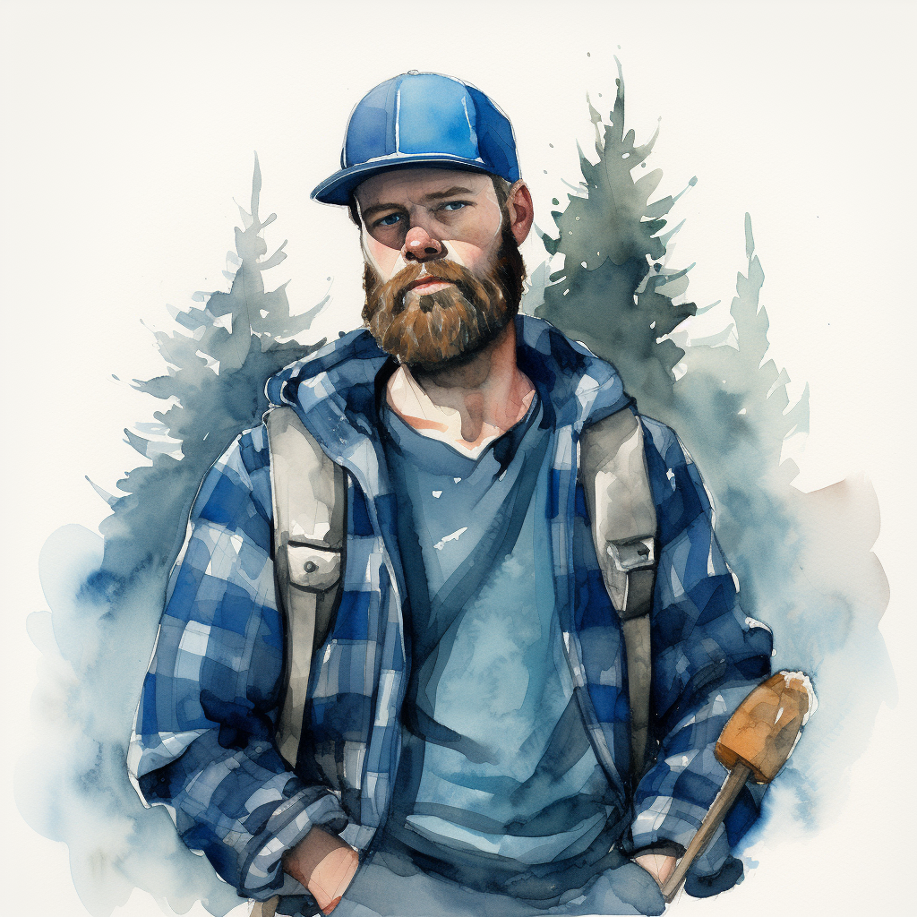 Blue lumberjack with pale blue skin in watercolor