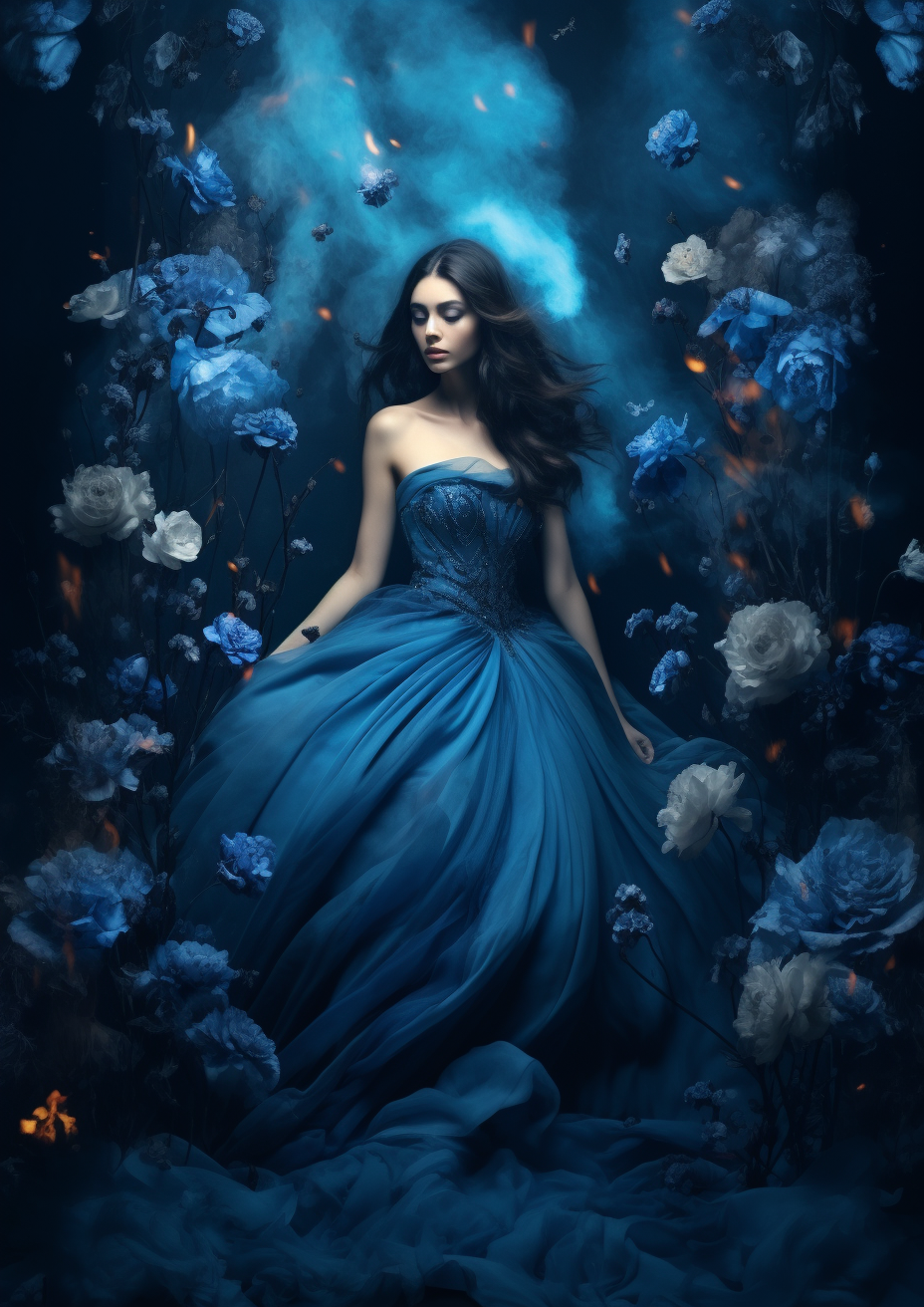 Gorgeous woman surrounded by blue luminescent frame and dark smoke flowers