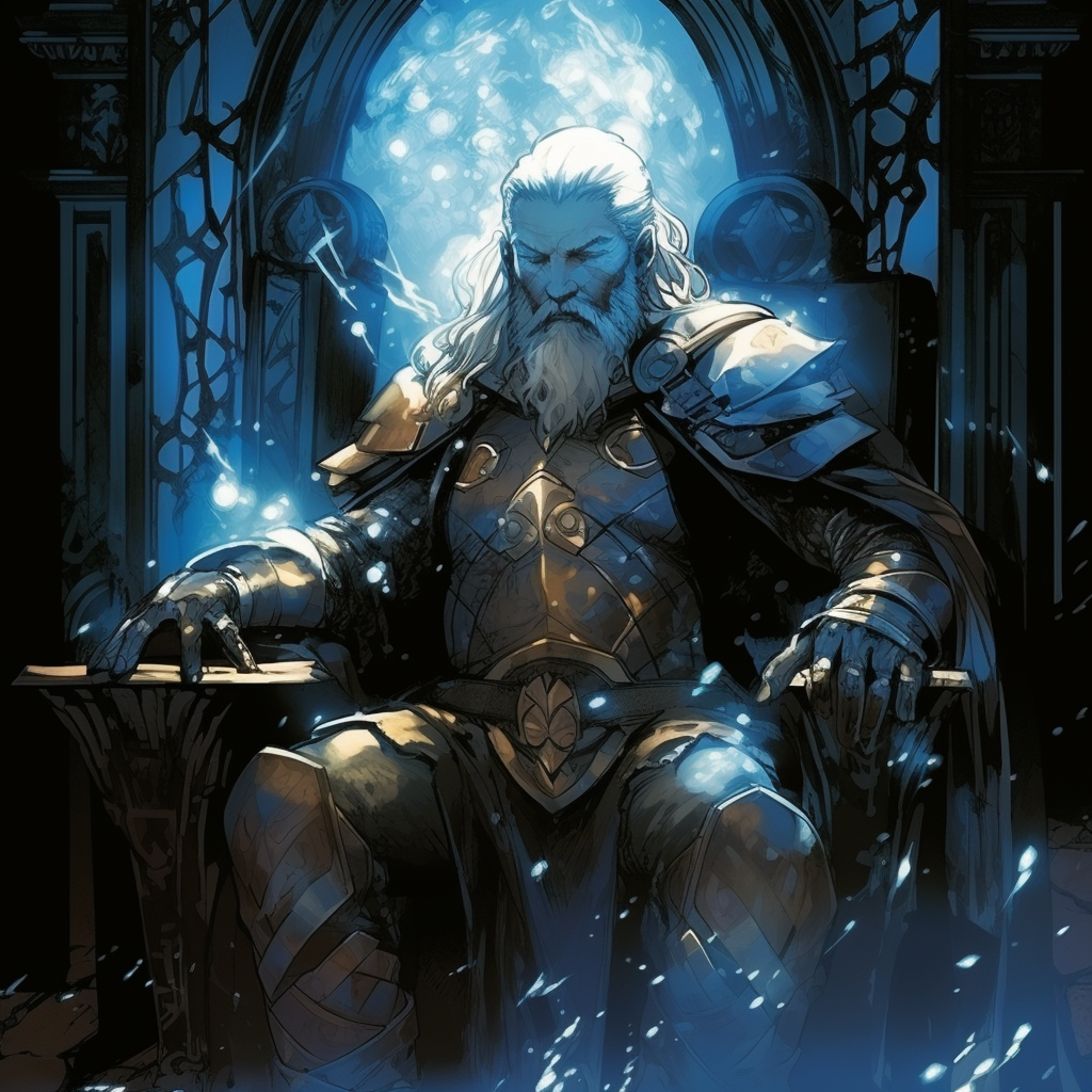 Illustration of a powerful dwarven king with blue magic