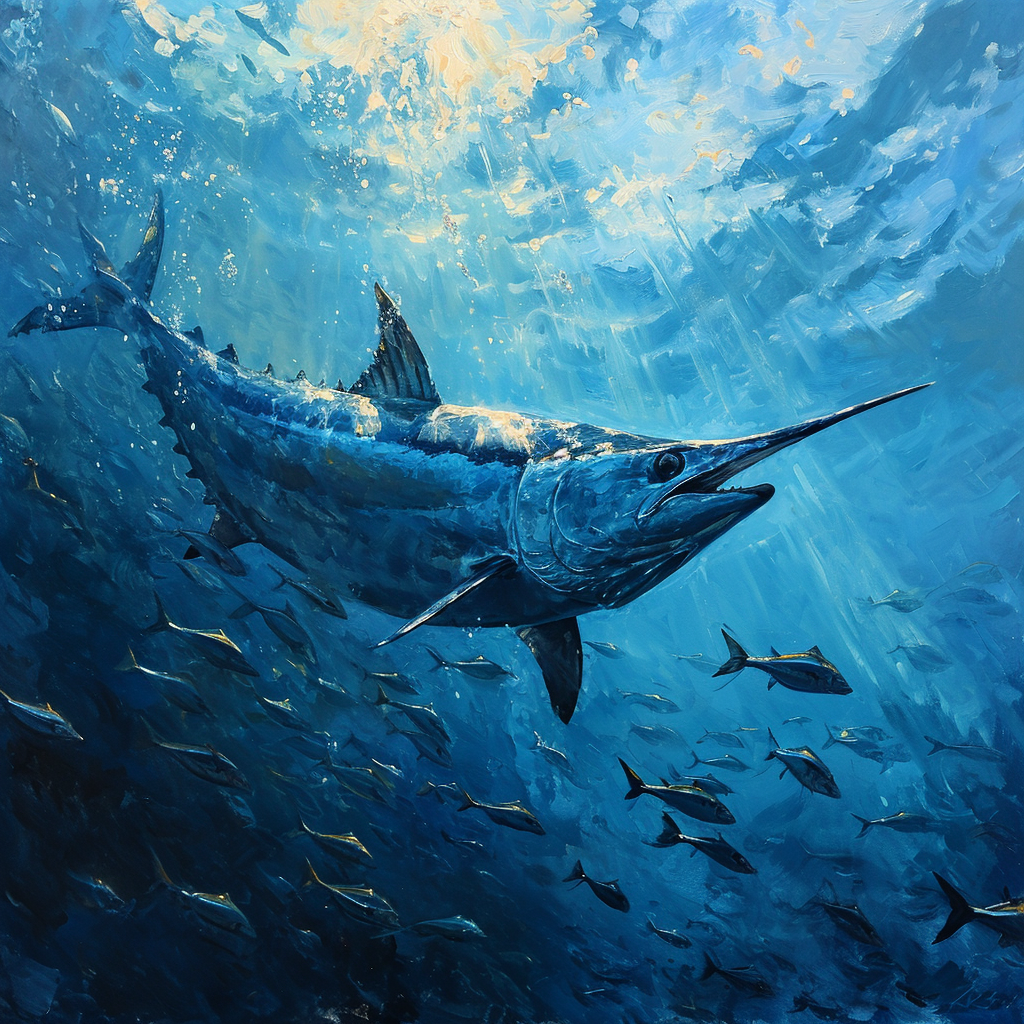 Blue Marlin Swimming with Baitfish