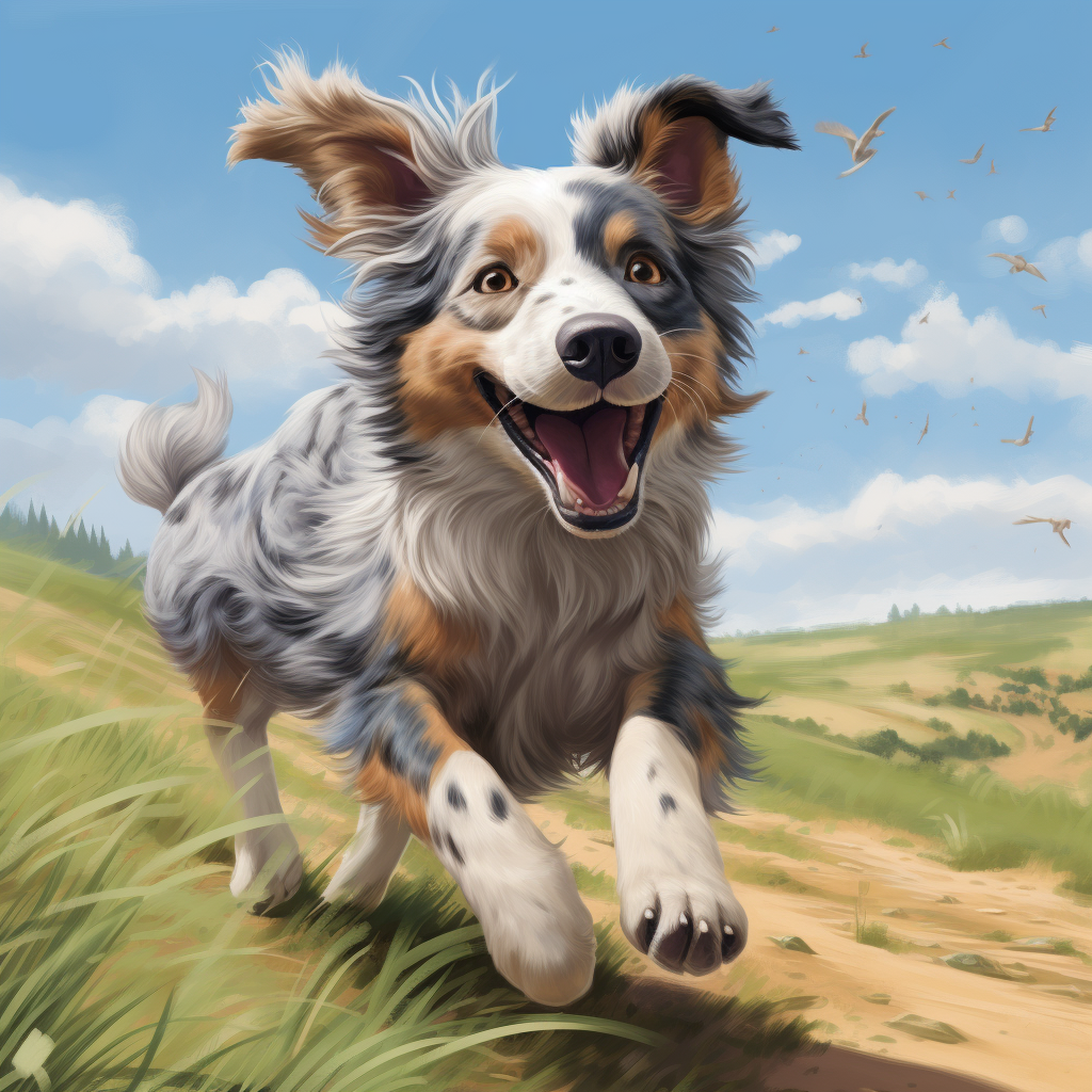 Adorable blue merle Australian Shepherd running freely