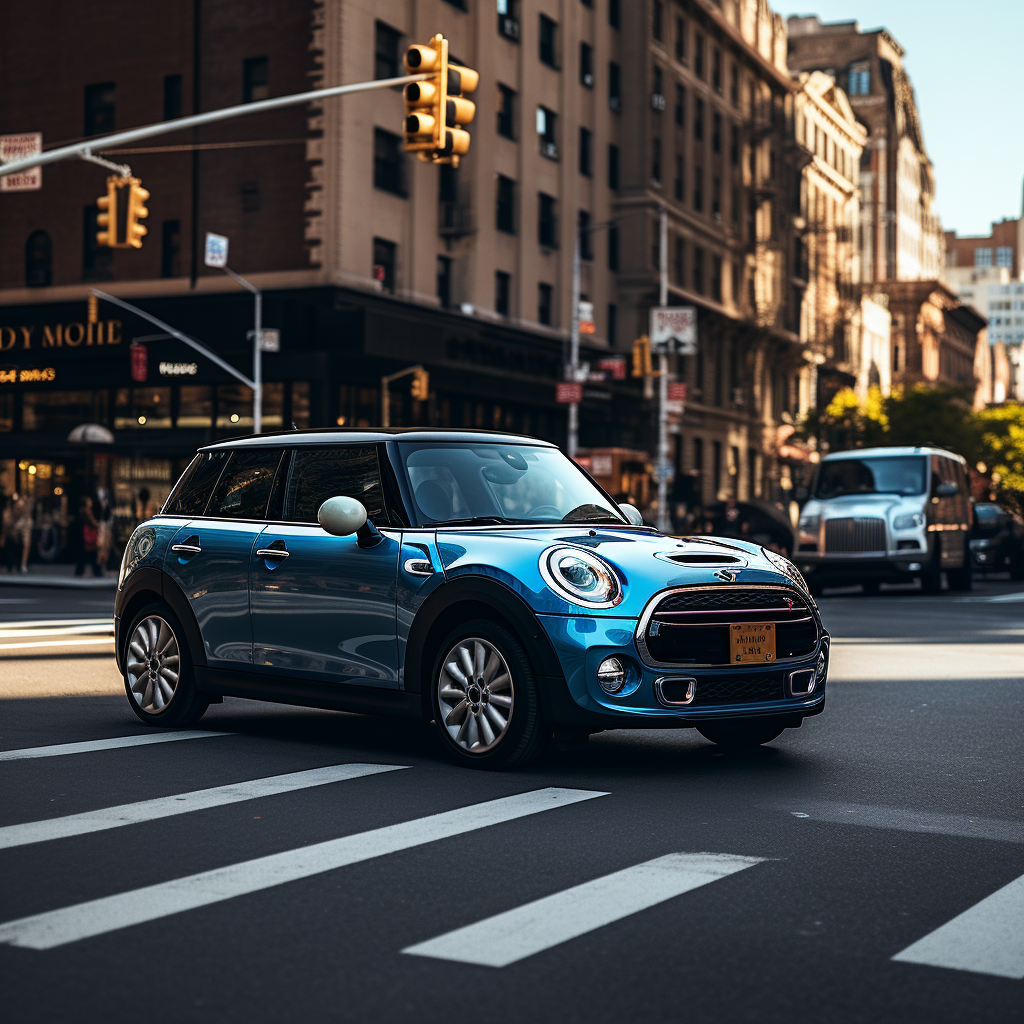 Blue mini cooper driving through the city