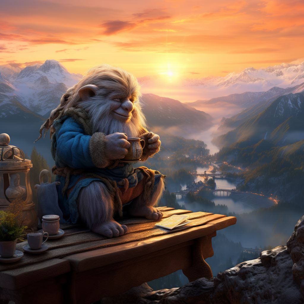 Blue mountain dwarf drinks coffee at sunrise