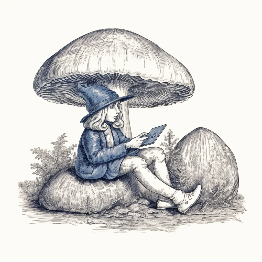 Adorable blue mushroom with laptop in lap