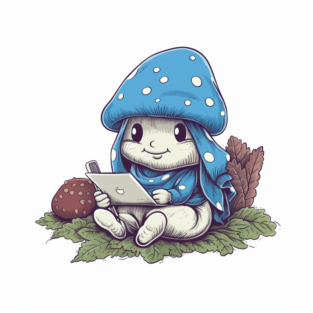 Cute blue mushroom character in cozy sweater with laptop