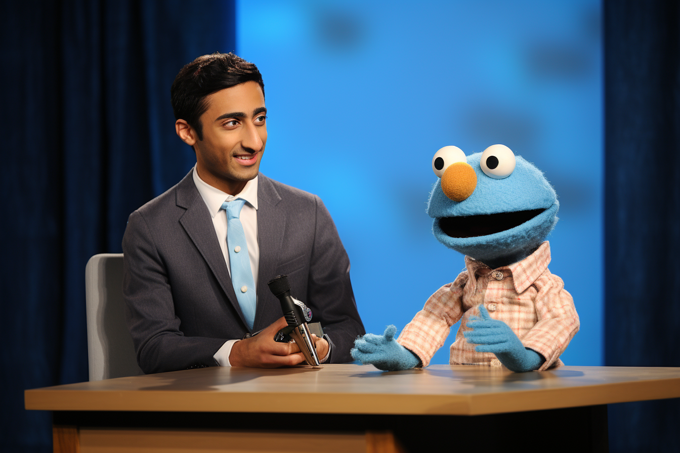 Cool man and Sesame Street doll on blue background