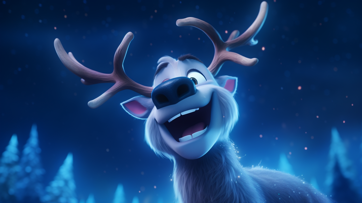 Blue nose reindeer smiling under night sky lights