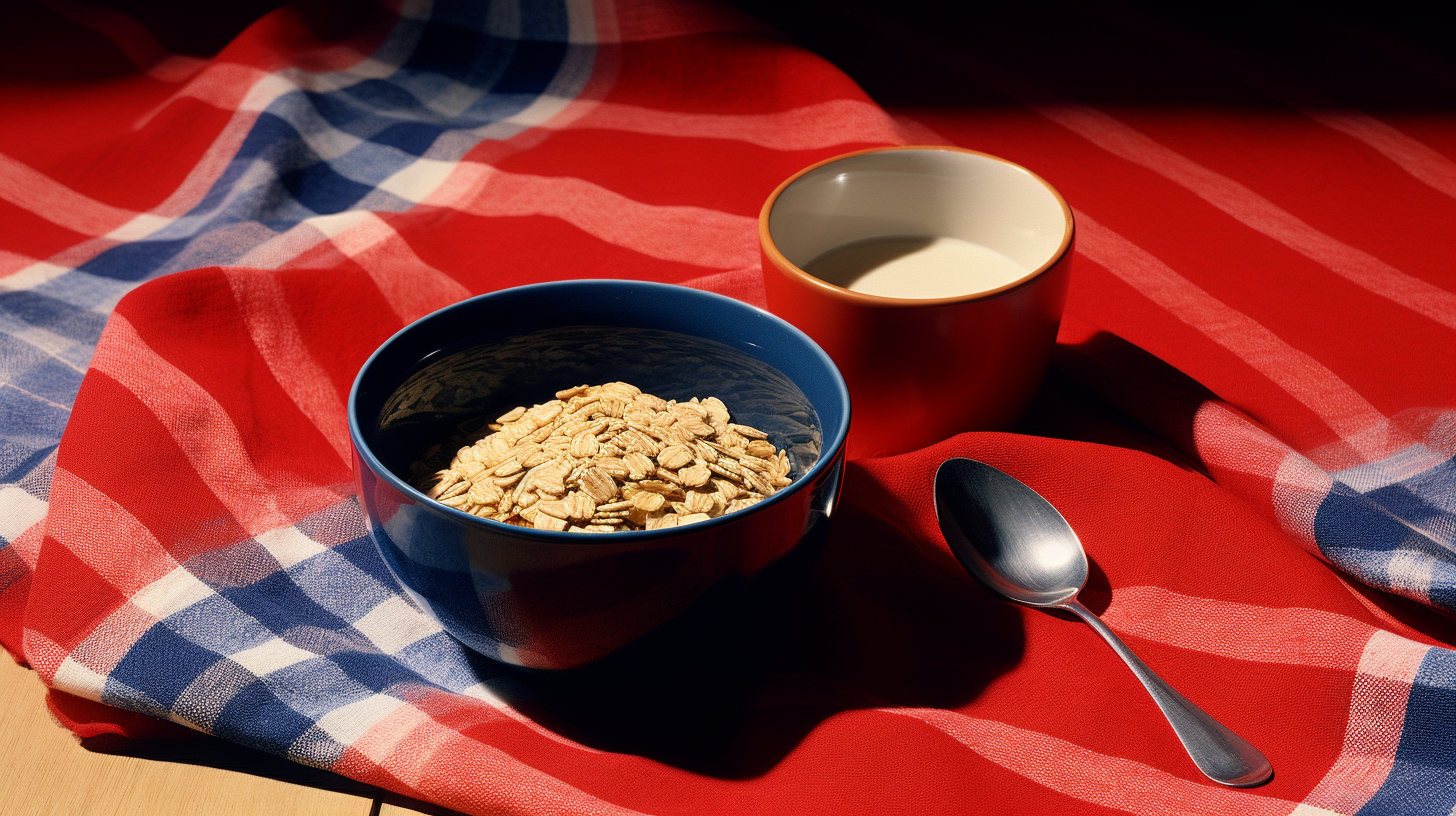 Ultramarine blue bowl of oatmeal on checker table cloth