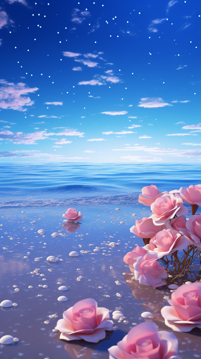 Blue Ocean, Sky, and Beach with Roses and Milky Way