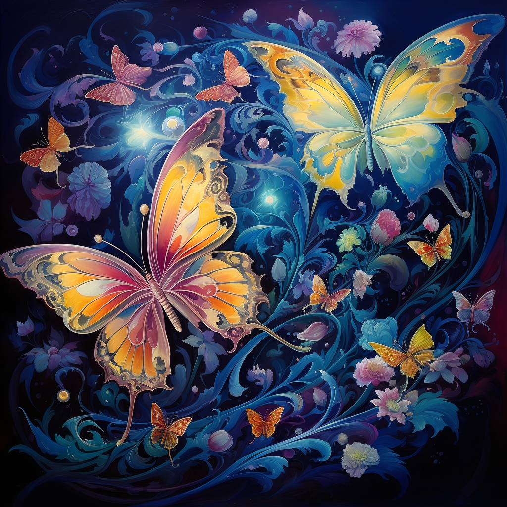 Beautiful butterflies in blue fantasy painting