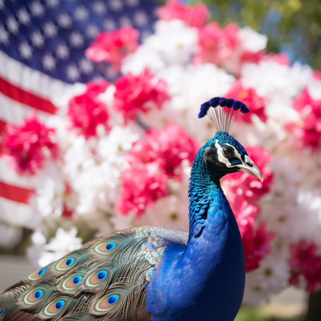 Stunning Blue Peacock with American Flag