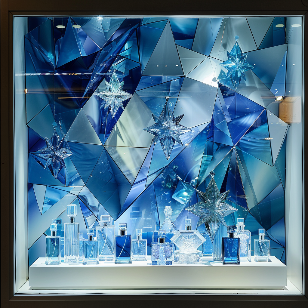 Blue perfume cubism art display